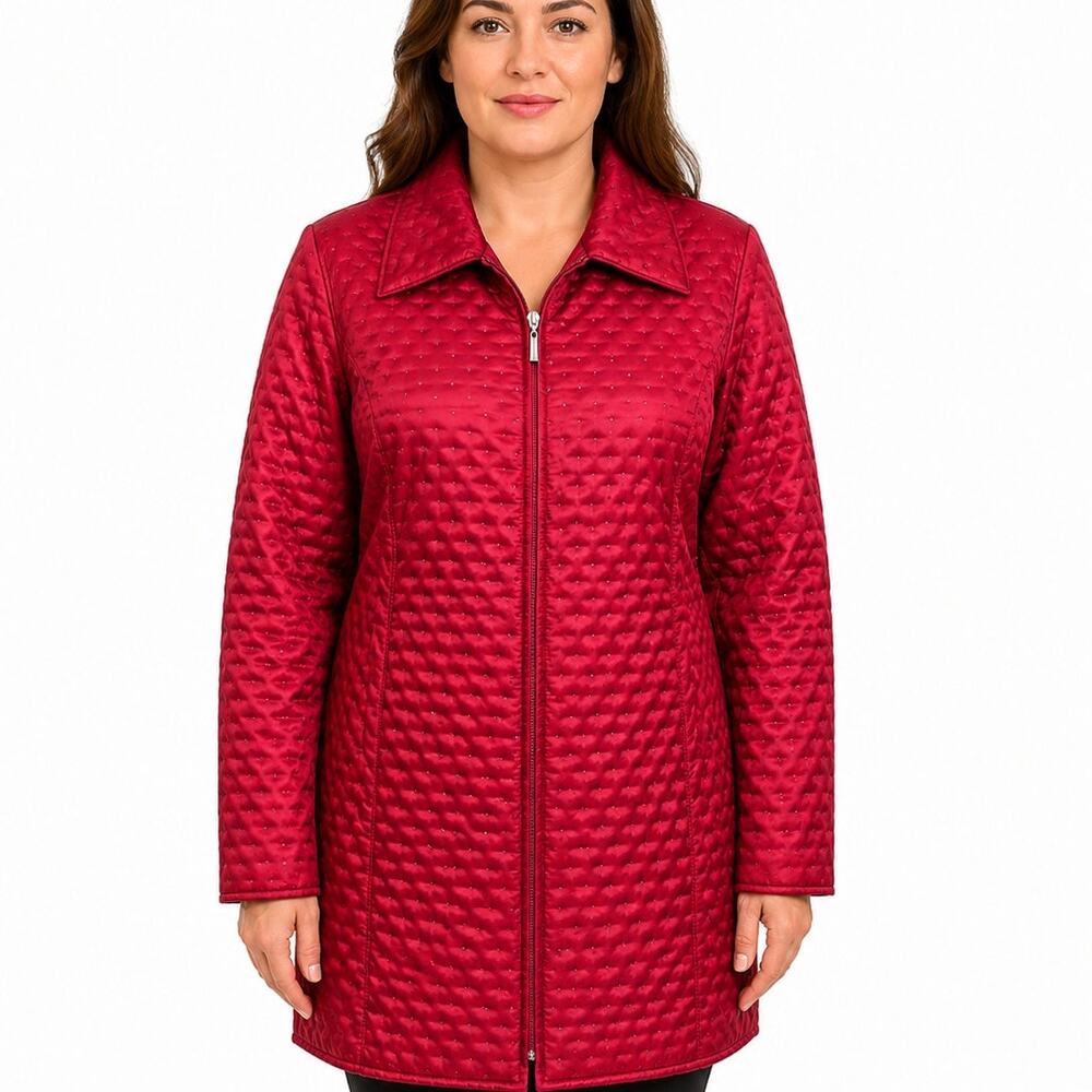 Talbots Quilted Puffer Jacket Full Zip Women 14 Red Dotted Light Insulated VTG